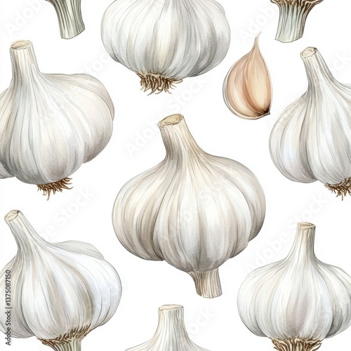 Watercolor Garlic Seamless Pattern on White Background for Culinary Themed Kitchen Decor and Organic Food Packaging Design