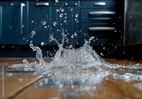 Water Spill Creating a Splash on Wooden Kitchen Floor with Blue Cabinets and Silver Appliances in Bright Interior Home Setting