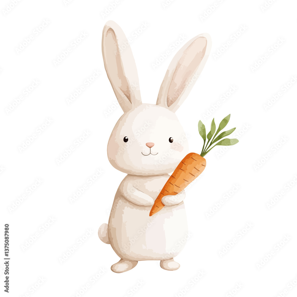 Fototapeta premium Bunny's Bounty: An adorable bunny with long, perky ears holds a fresh, orange carrot, exuding a sense of innocent delight and spring's promise.