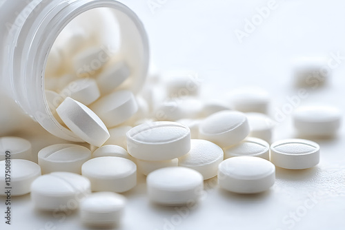 A close-up photograph of white pills spilling from a plain white medicine bottle onto a clean white surface,