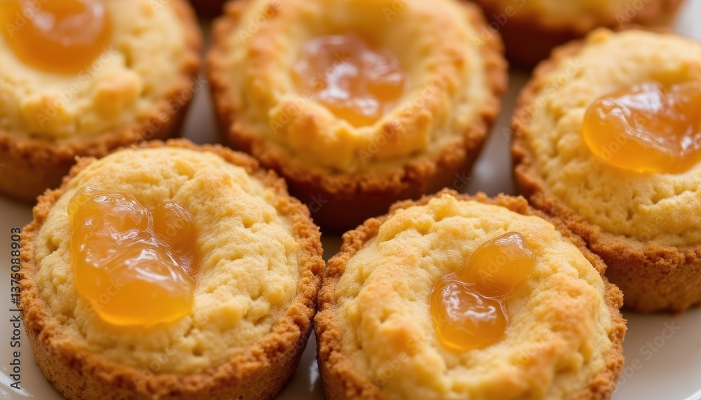 Small, bite sized cakes, baked in a fluted mold, soaked in a rum flavored syrup, and glazed with apricot jam. Small, bite sized cakes, baked in a fluted mold, soaked in a rum flavored syrup, and glazed with apricot jam.