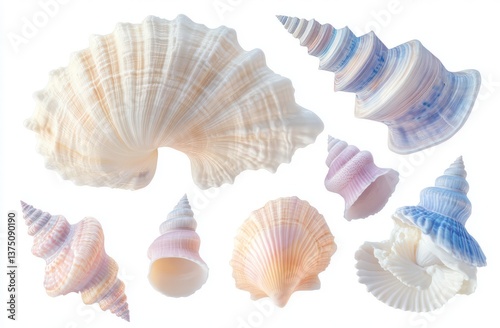 A collection of various seashells illustrated in soft pastel colors, arranged on an isolated white background with no shadows or text for a clipart-like appearance.