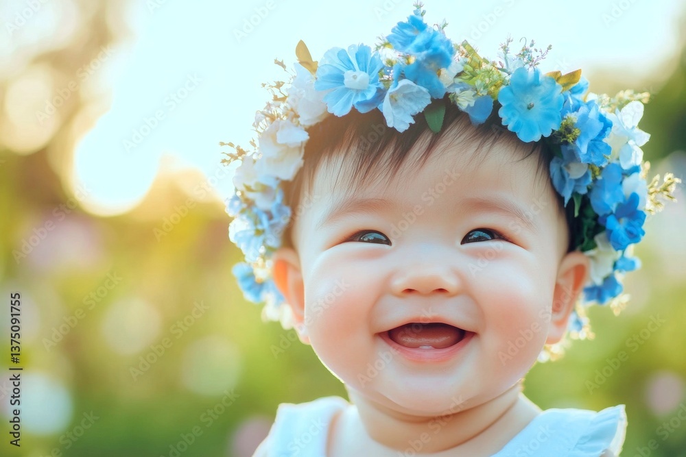 Happy vacation time holidays concept design idea. Smiling asian infant boy with tt hair wearing blue flower crown on his head. Golden hour in sunset. Child’s holiday escape in nature. Happy vacation time holidays concept design idea. Smiling asian infant boy with tt hair wearing blue flower crown on his head. Golden hour in sunset. Child’s holiday escape in nature.