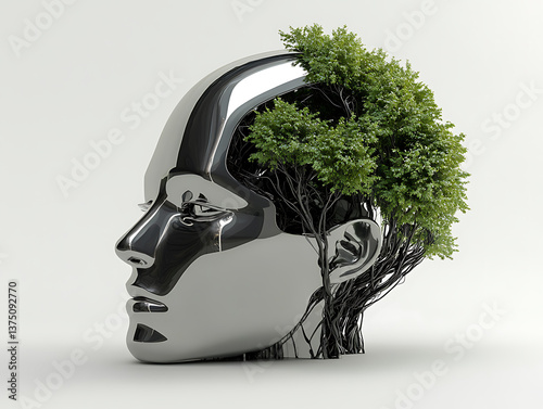 The shiny robot head blends in with the lush green trees growing from within