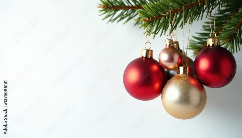 A cluster of colorful Christmas balls hanging from a wooden branch against a white background , , winter wonderland A cluster of colorful Christmas balls hanging from a wooden branch against a white background , , winter wonderland