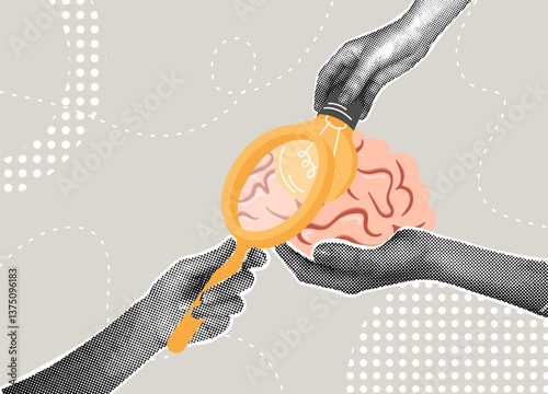 Trendy halftone collage.Concept of finding new ideas in the brain, new opportunities , problem solving, peer help, hints and direction of the path of finding ideas. Searching for idea-light bulb in