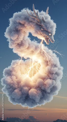3D render of a sentient cloud shaped like a dragon, lightning glowing in its belly, intricate detail, iridescent sky in the background (1).