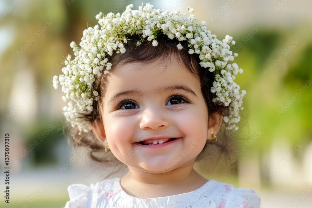Happy middle eastern toddler girl wearing white flower circlet on her head. Happy vacation time symbol. Golden sunrise. Child’s holiday escape in nature. Gentle summer breeze on a girl’s face. Happy middle eastern toddler girl wearing white flower circlet on her head. Happy vacation time symbol. Golden sunrise. Child’s holiday escape in nature. Gentle summer breeze on a girl’s face.