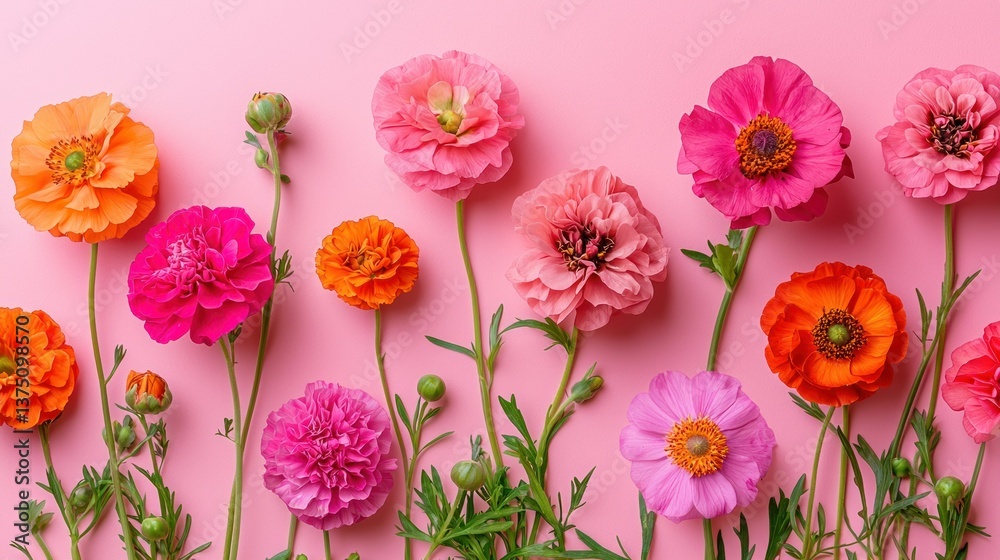 Obraz premium Vibrant Ranunculus and Anemone Blooms on Pink Background