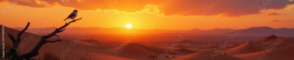 A lone bird sitting on a branch in the middle of a vast desert landscape at sunset, isolated, solo flight, bird A lone bird sitting on a branch in the middle of a vast desert landscape at sunset, isolated, solo flight, bird