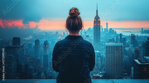 Contemplating the Cityscape: A Woman Gazes upon the Majesty of New York City at Sunset