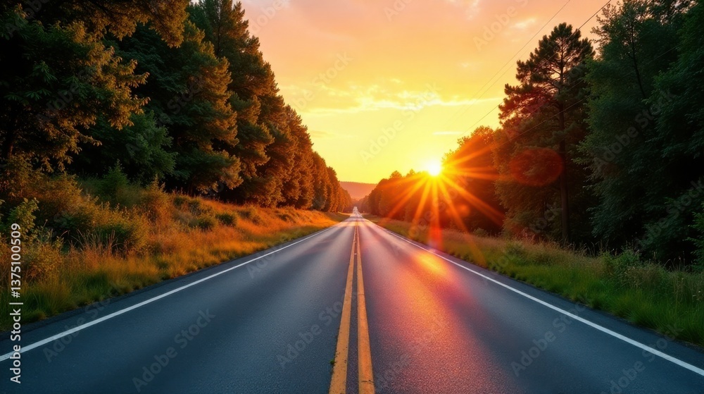 Asphalt ribbon unwinding towards a vibrant sunset, bordered by verdant trees and bathed in the warm glow of the evening sun, promising adventure and open road possibilities. Asphalt ribbon unwinding towards a vibrant sunset, bordered by verdant trees and bathed in the warm glow of the evening sun, promising adventure and open road possibilities.