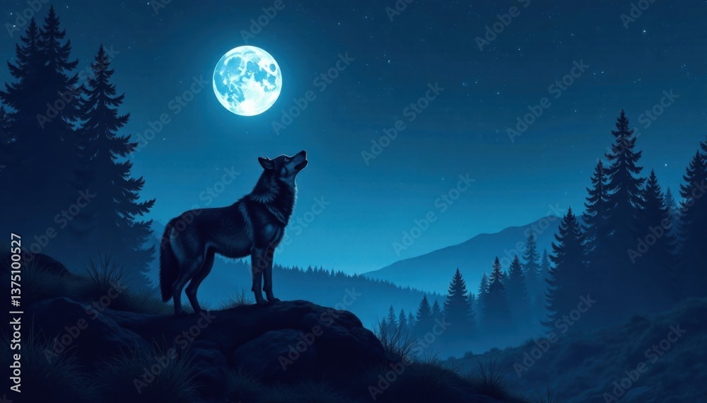 A lone wolf standing in a desolate forest clearing howling into the night under a starry night sky with a full moon, stars, trees A lone wolf standing in a desolate forest clearing howling into the night under a starry night sky with a full moon, stars, trees