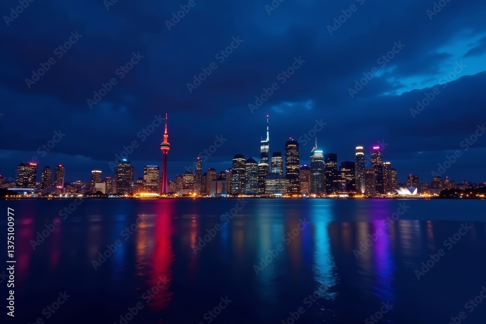 Fototapeta premium Skyline of Auckland city lights reflecting on the water at night, waterfront, reflection