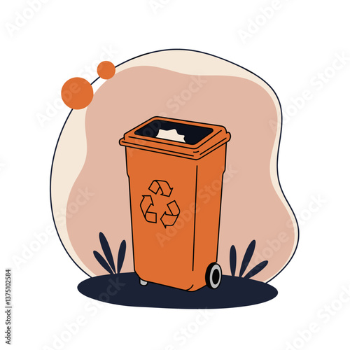 Orange recycling bin against a colorful, abstract background  