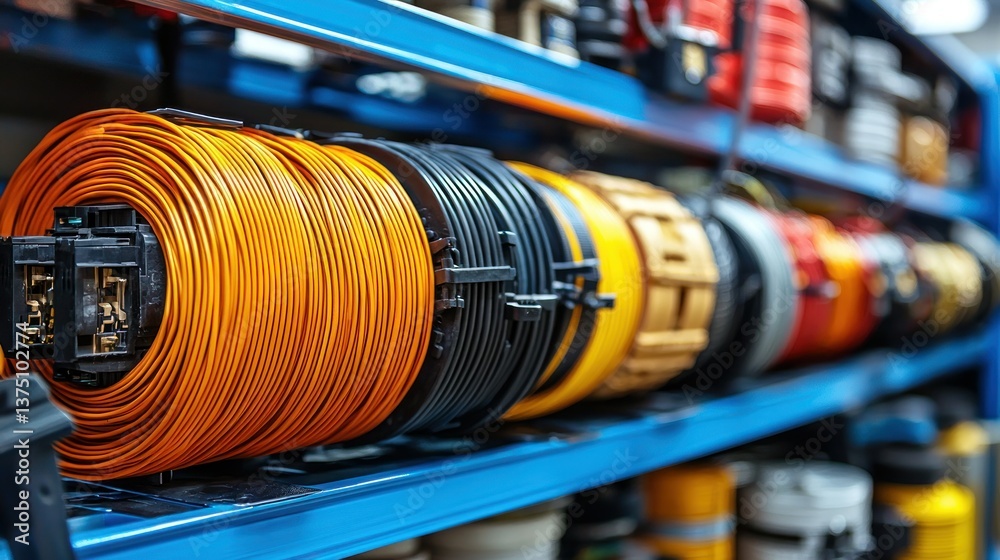 Obraz premium Close-up of Orange Wire Spools on Industrial Shelves