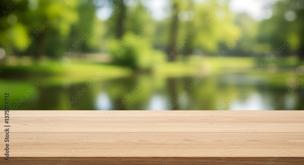 Wooden table overlooking tranquil blurred park scene soft sunlight. AI Generated Wooden table overlooking tranquil blurred park scene soft sunlight. AI Generated
