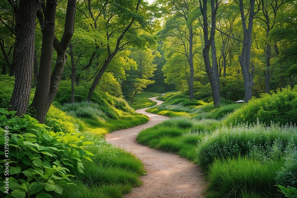 Winding Pathway Through Vibrant Greenery in a Magical Summer Forest Winding Pathway Through Vibrant Greenery in a Magical Summer Forest