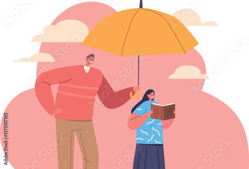 Father protecting daughter under umbrella