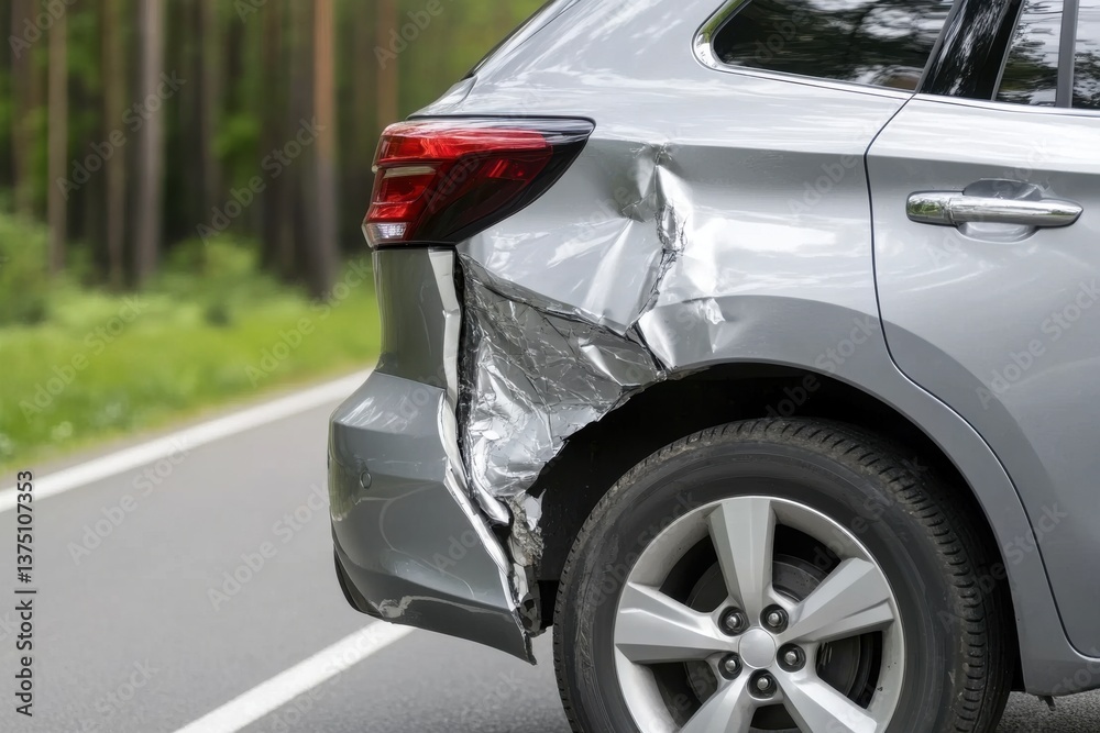 Damaged silver car on the side of a road, showing substantial rear-end damage to its bumper, taillight, and body panel. Damaged silver car on the side of a road, showing substantial rear-end damage to its bumper, taillight, and body panel.