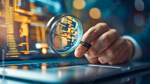 Electronic document check and data information searching online Depicts a businessman using a magnifying glass on a laptop screen symbolizing online file management and data accuracy