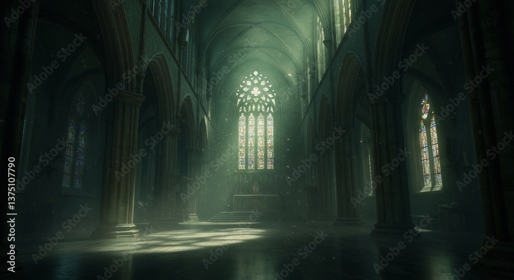 Obraz premium Dark Cathedral Interior Soft Light. AI Generated