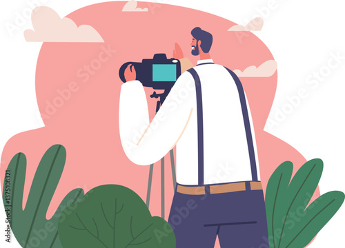 Male photographer taking picture vector illustration