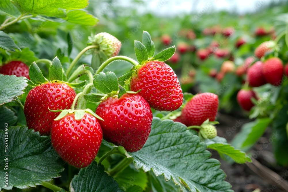 Ripe red strawberries growing on a strawberry plant in a field Ripe red strawberries growing on a strawberry plant in a field