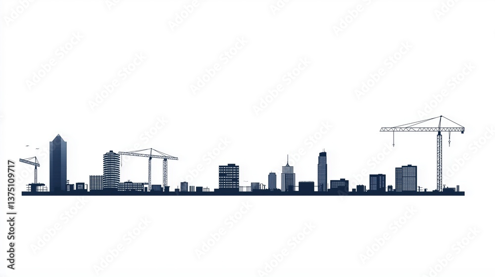 Obraz premium Silhouette of a city skyline with multiple tall buildings and cranes. the buildings are arranged in a grid-like pattern, with the tallest buildings in the center and the smaller ones on either side.
