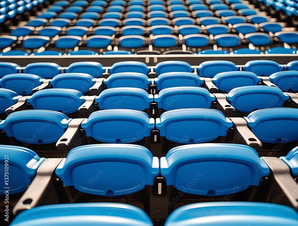 Fototapeta premium Abstract view of a large number of identical blue chairs in a public venue, forming a visually striking composition with depth, repetition, and symmetry in design