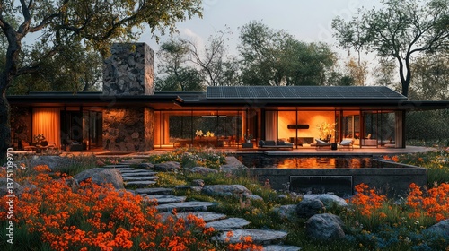 Modern Ranch House with Pool and Blooming Flowers at Dusk