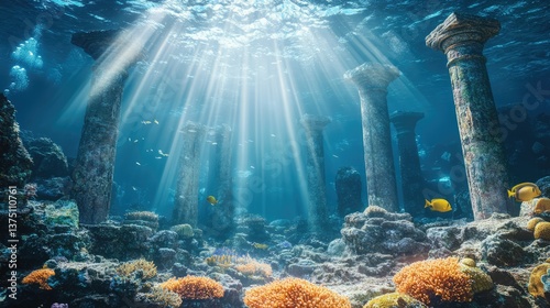 an underwater temple in the middle of the ocean with fish swimming in front of it