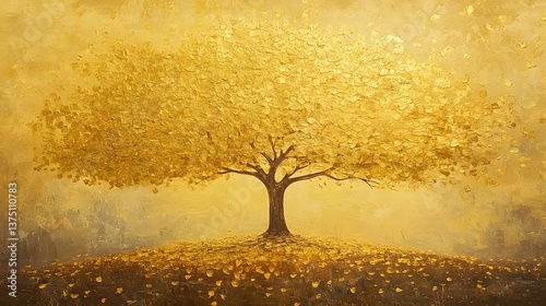 Golden Tree in Autumnal Landscape