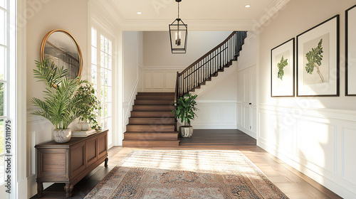 Entry foyer hallway and staircase with wrought iron railings leading into a modern farm house style family home