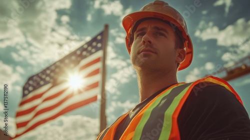 Close-up photo of a 30 year old American construction worker wearing a high-visibility vest. facing camera, with sky clouds background with American flag waving in background