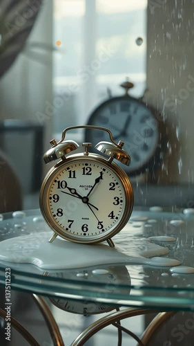 Vintage alarm clock on glass table with soft interior lighting  