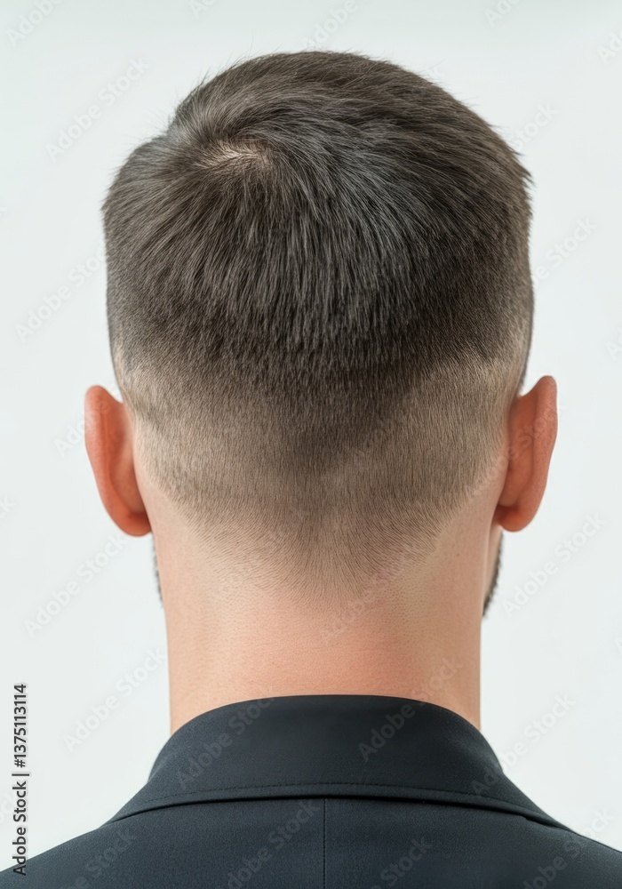 A young man with short, neatly styled hair is shown from the back, revealing a clean fade. The focus is on modern grooming and fashion. A young man with short, neatly styled hair is shown from the back, revealing a clean fade. The focus is on modern grooming and fashion.