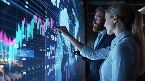 Business team analyzing financial data on digital screen for investment strategy