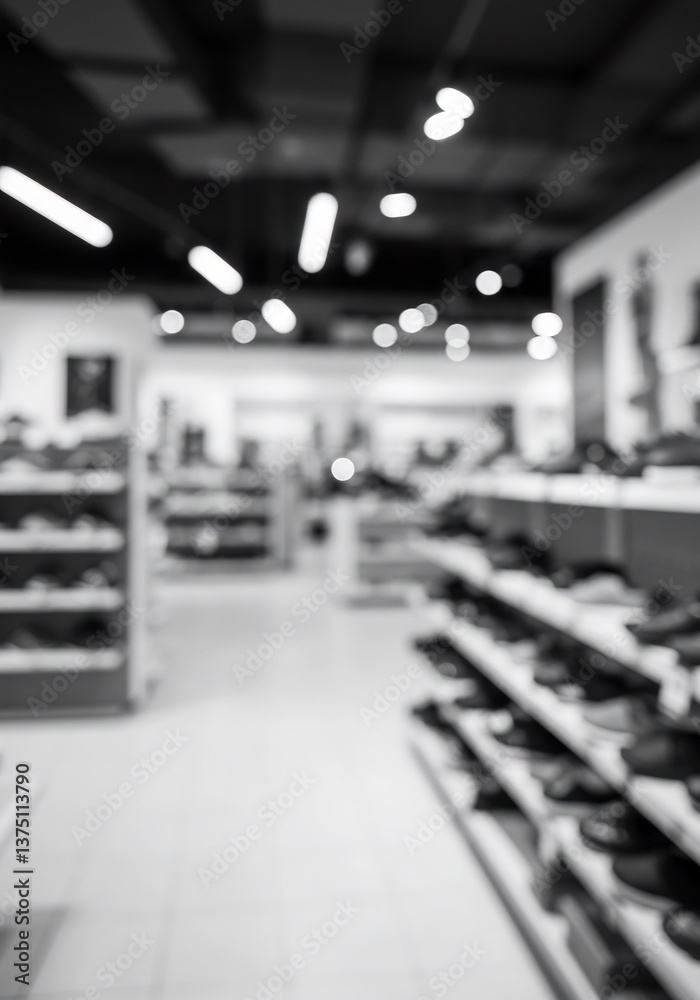 Fototapeta premium Blurred Black and White Shoe Store Interior. AI Generated