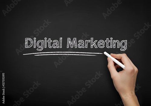 A hand writing 'Digital Marketing' in bold casual chalk lettering with dynamic underline on dark chalkboard backdrop