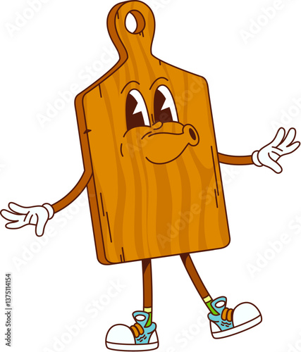Cartoon groovy cutting board character with funny face, vector kitchenware utensil. Groovy wooden chopping board with happy smile and funky whistling for kitchenware utensil retro cartoon character