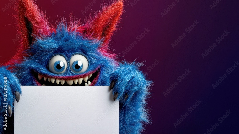 Naklejka premium A furry blue monster with pink highlights is joyfully holding up a blank sign. Its large eyes and playful grin reflect a fun and whimsical atmosphere, perfect for creative projects