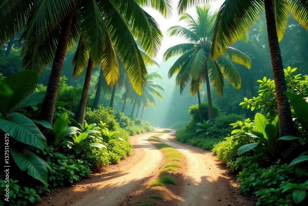 Serene Tropical Path Winding Through Lush Palm Trees and Verdant Foliage Under a Misty Sunrise Serene Tropical Path Winding Through Lush Palm Trees and Verdant Foliage Under a Misty Sunrise