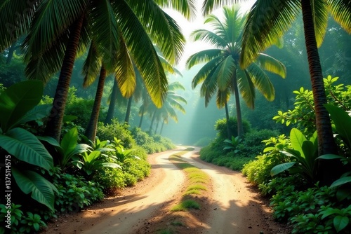 Serene Tropical Path Winding Through Lush Palm Trees and Verdant Foliage Under a Misty Sunrise