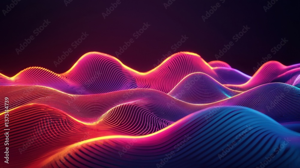 Fototapeta premium Bright neon waves blend vibrant colors to form an abstract landscape. The scene radiates energy and resembles a digital art piece, stretching into the distance