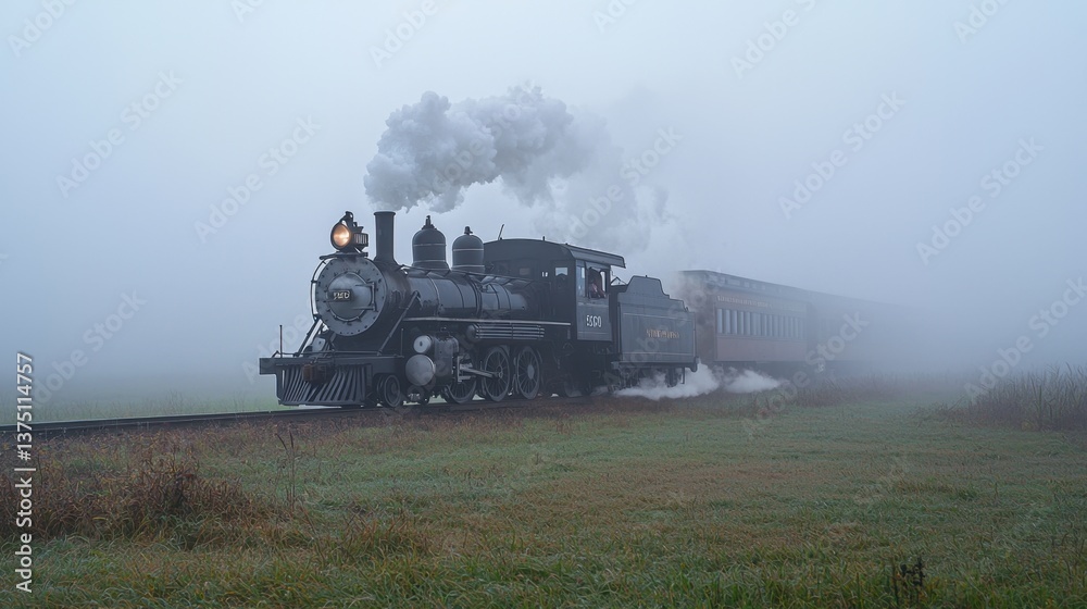 Naklejka premium A classic steam train chugs along the tracks, emitting white smoke against a backdrop of thick fog in the early morning. The vibrant green fields frame the journey