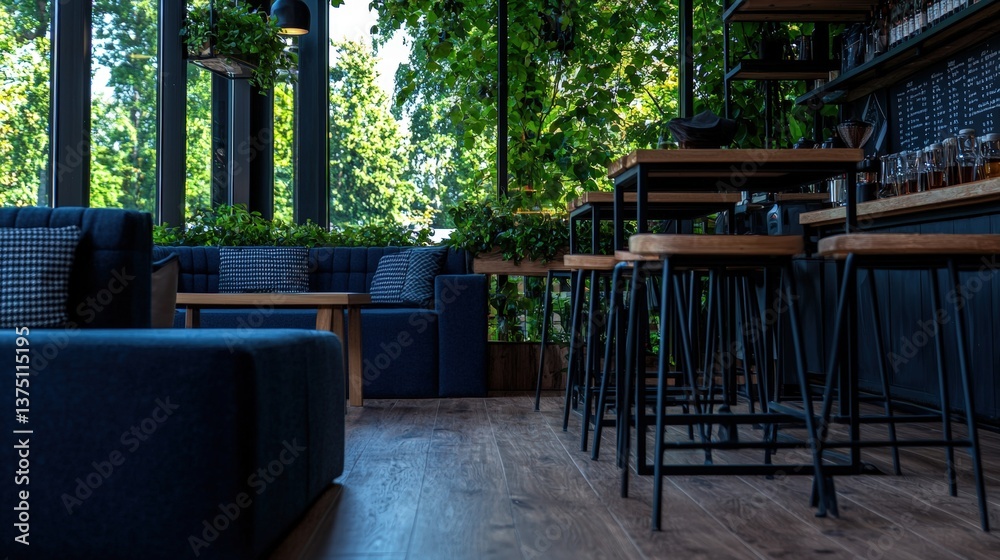 Fototapeta premium Stylish restaurant featuring a contemporary bar and cozy couch with a warm wooden floor design