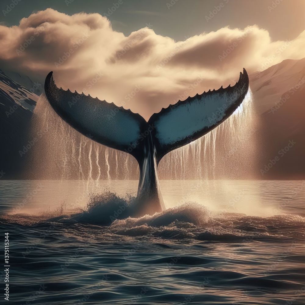 Fototapeta premium Capture a whale’s tail rising from the water slapping the surf