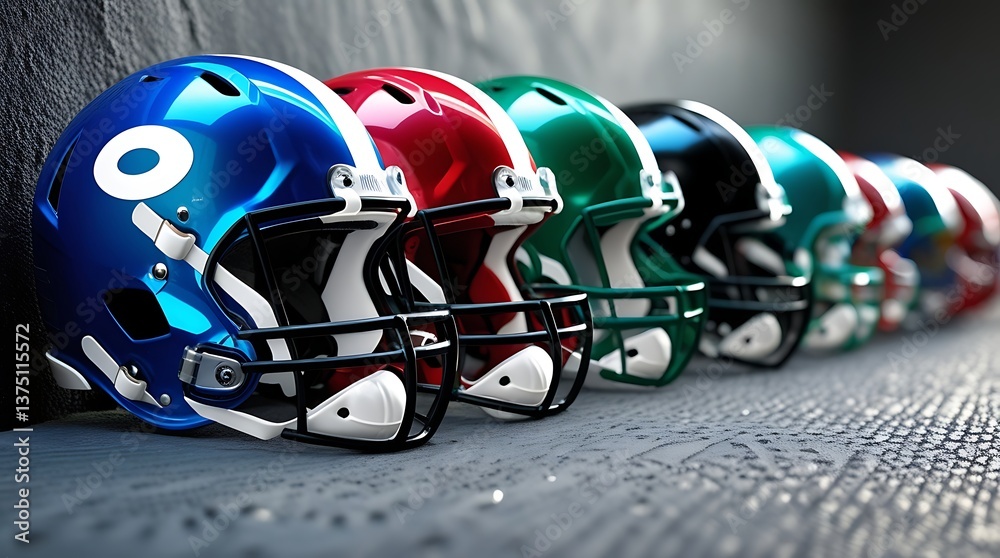 Fototapeta premium A row of football helmets in varying colors, placed on the field, highlighting the distinct designs and team identities for an American football competition or practice session.