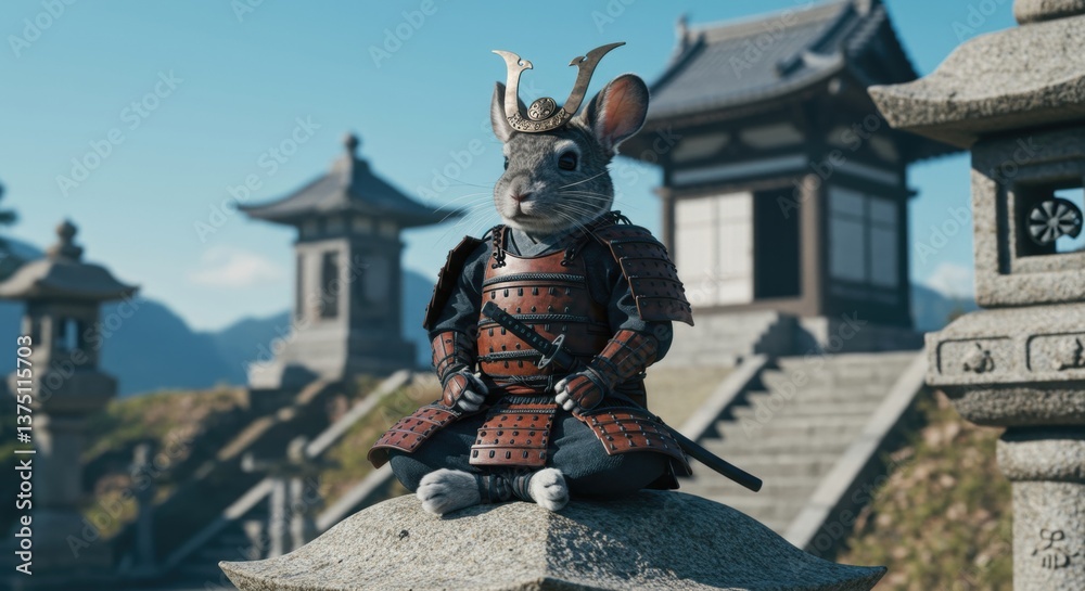 Fototapeta premium A small, armored rodent sits proudly on a stone pedestal in a serene Japanese landscape - chin rabbit | chinchilla rabbit